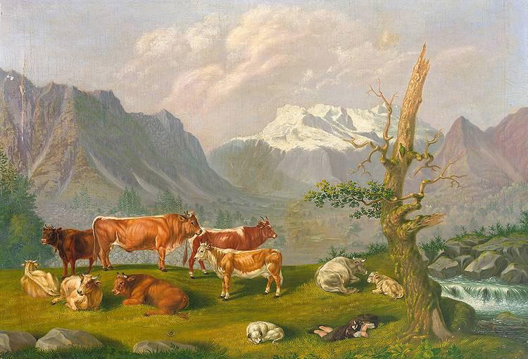Johann Kaspar Scherrer Weidelandschaft in den Schweizer Bergen mit Katarakt und Gebirgshorizont oil painting image